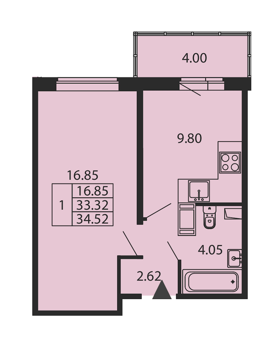 1-комнатная квартира 33.32 м², 11/12 эт., ЖК «Полис ЛАВрики»